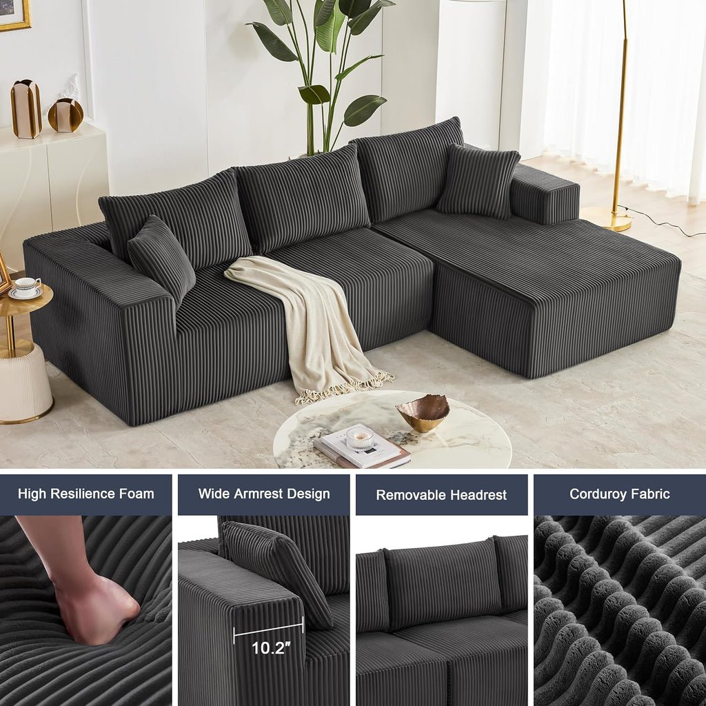 Weture 108' Modular Sectional Sofa, Cloud Sectional Couch with Deep Seat, Modern Modular L-Shape Sofa with Chaise,Upholstered Boneless Couches for Living Room Bedroom (Corduroy, Darkgrey)