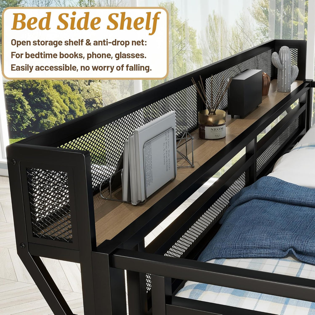 Queen Loft Bed with Desk, Stairs and Charging Station, Metal High Gaming Loft Bed Queen Frame with Storage Shelves, RGB Light & Closet, Heavy-Duty Beds for Adults,Teens, Kids, Black
