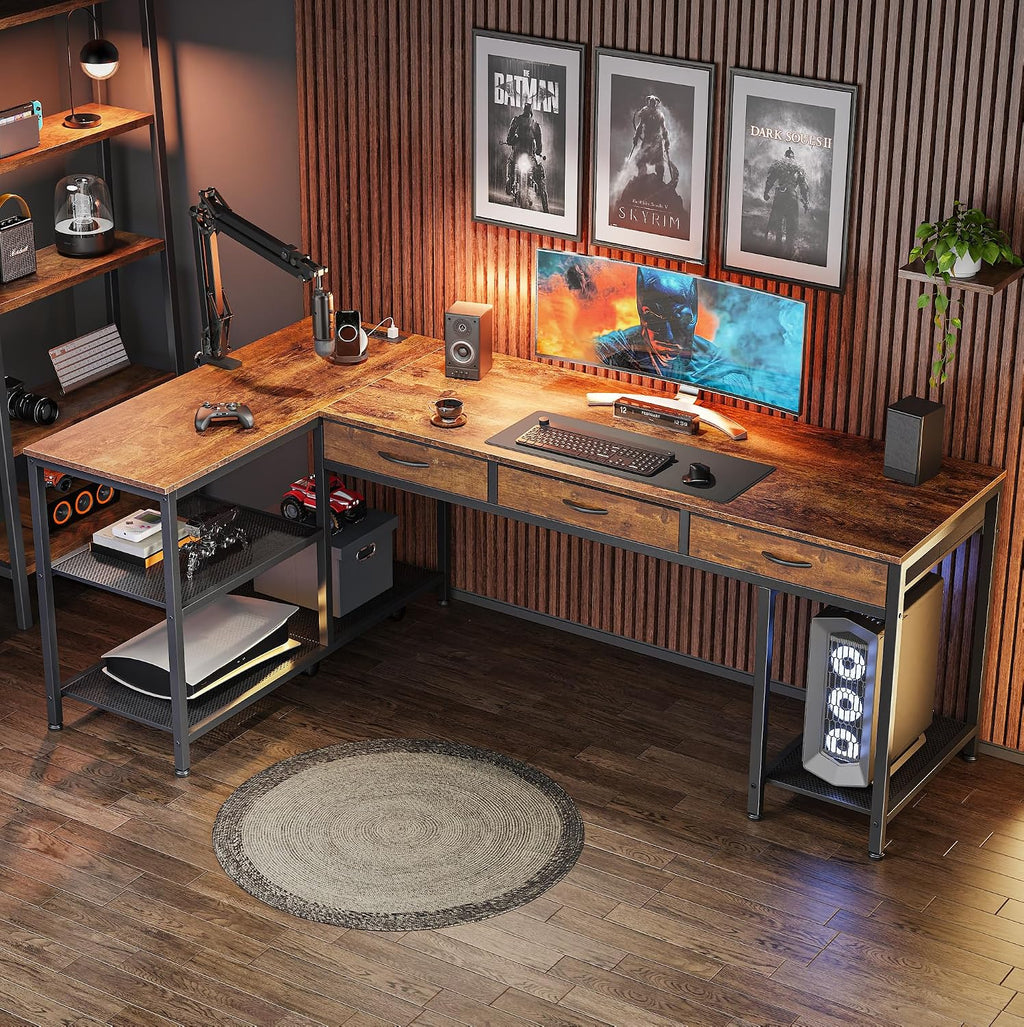 PRAISUN 63 Inch L Shaped Office Desk with Power Outlets and Type-C Port, Large Computer Gaming Desk with 3 Fabric Drawers, Mesh Shelves, Corner Study Work Writing Desk, Rustic Brown