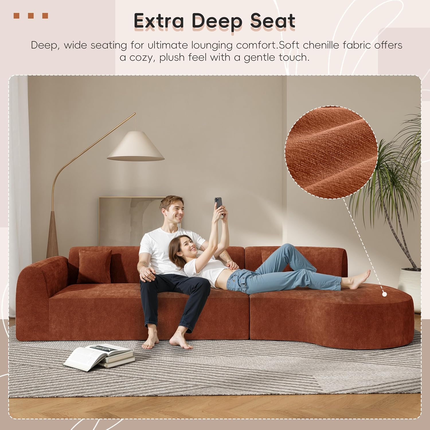 Merax 140' Curved Polyester Sectional Sofa Set, 7 Seat Modern Cloud Couch with Chaise Lounge,3 Pillows, Fully Assembled for Living Room, Orange