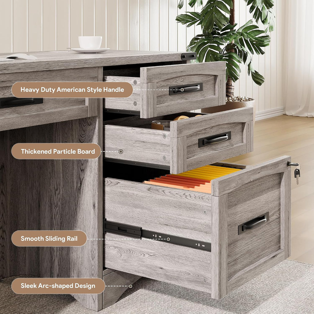 Decofy Farmhouse Executive Desk with Drawers, 55' Home Office Desks with Fast Charging Station, Lockable File Cabinet, Wood Writing Computer Desk for Work, Study, Grey