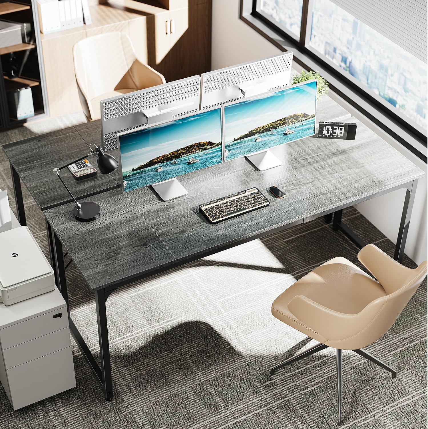 Huuger Computer Desk, 70 Inch Office Desk, Gaming Desk with Storage, Writing Desk Work Desk for Home Office, Study, Long Simple Desk, Large Legroom, Metal Frame, Grey