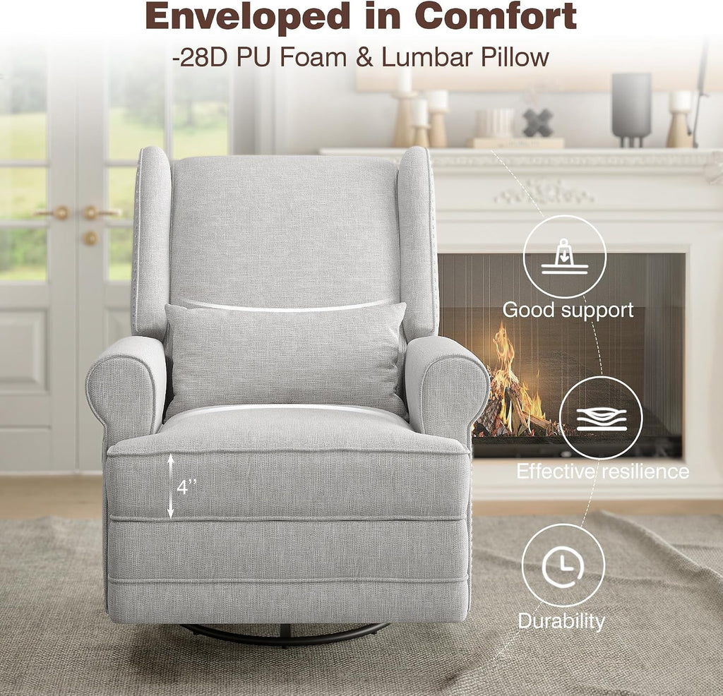 FansaFurn Swivel Nursery Glider Recliner, Comfy Upholstered Glider Chair with Lumbar Pillow and Footrest, Swivel Rocking Chair for Living Room, Grey