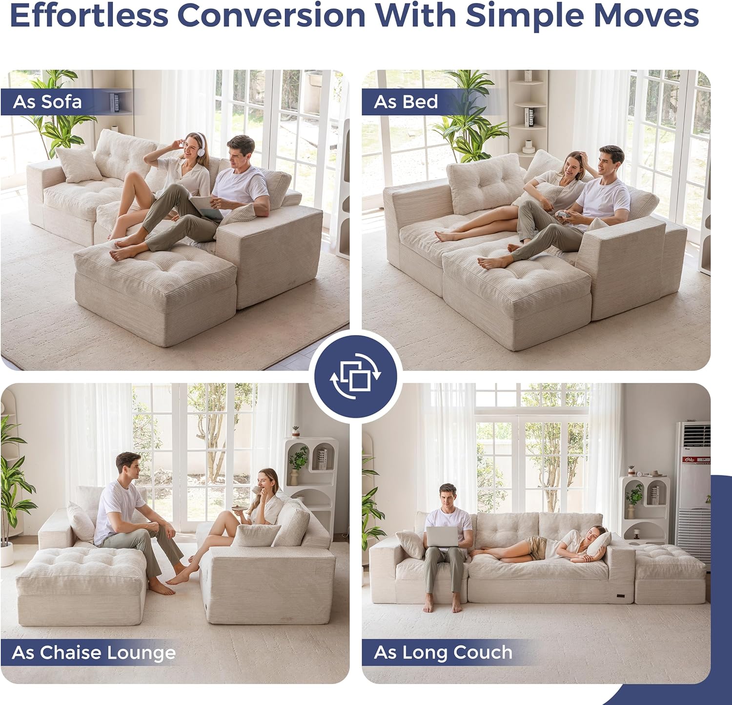 MAXYOYO 104' L Shaped Modular Sectional Sofa with Ottoman, Cloud Boneless Couch with Layered Cushion, Upholstered Sofa Flexible Module Combination for Living Room, No Assembly, Beige