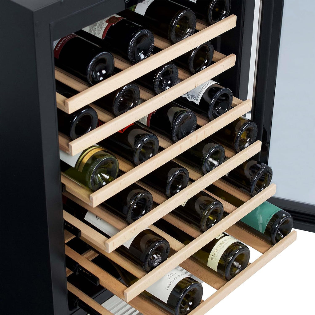 Avanti Wine Cooler Designer Series Beverage Refrigerator, 51-Bottle Capacity with 6 Wooden Pull-Out Shelves Double-Pane Glass Door, LED Display, 24-Inch, Stainless Steel