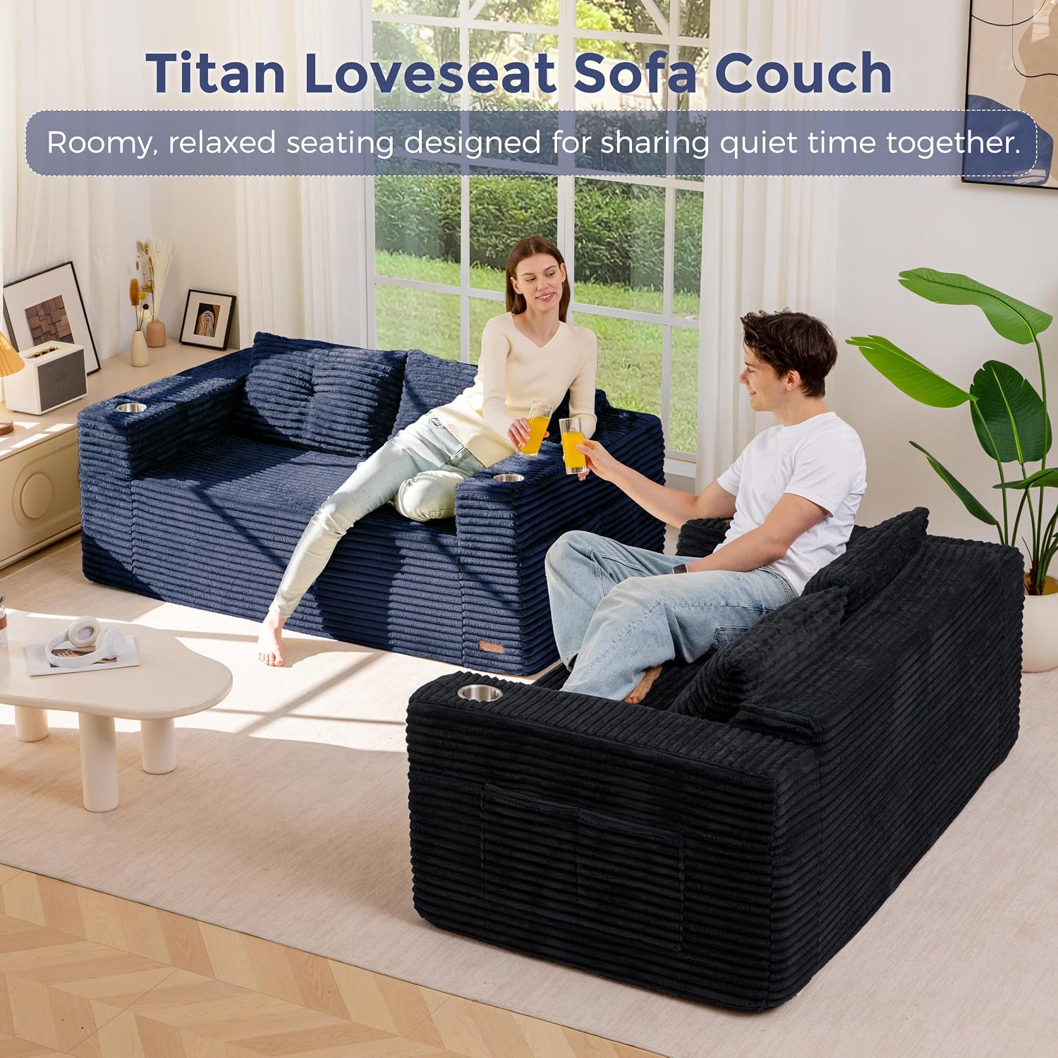 MAXYOYO 63' Boneless Loveseat Sofa Couch for Small Spaces, Mini Love Seat Floor Couch with Cup Holders and Pillows, 2-Seater Upholstered Cloud Couch for Bedroom Apartment, No Assembly Required