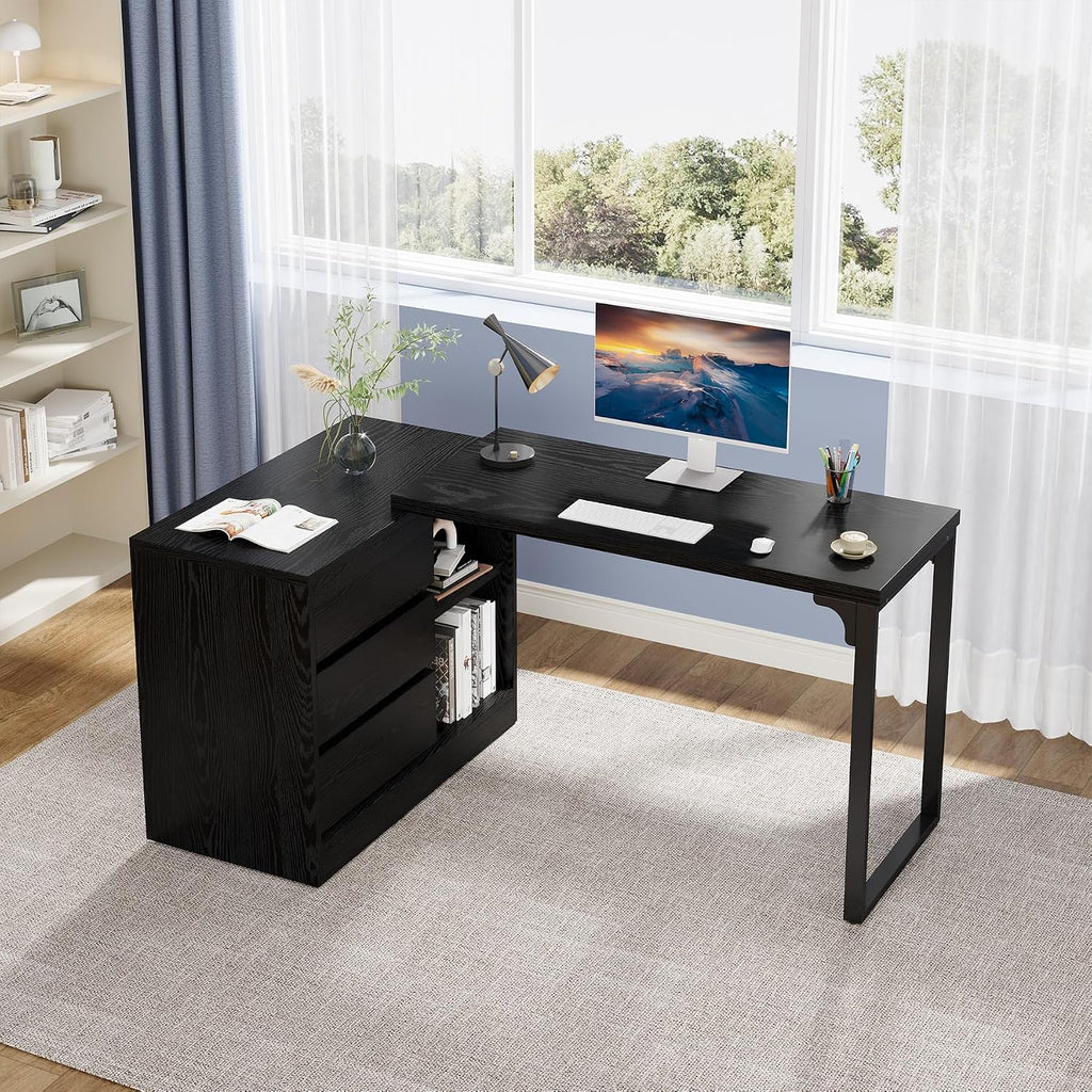Tribesigns L-Shaped Computer Desk with Drawers and Shelves, Reversible Corner Office Desk with Storage Cabinet, Modern Study Writing Table for Home Office, Bedroom (Black)