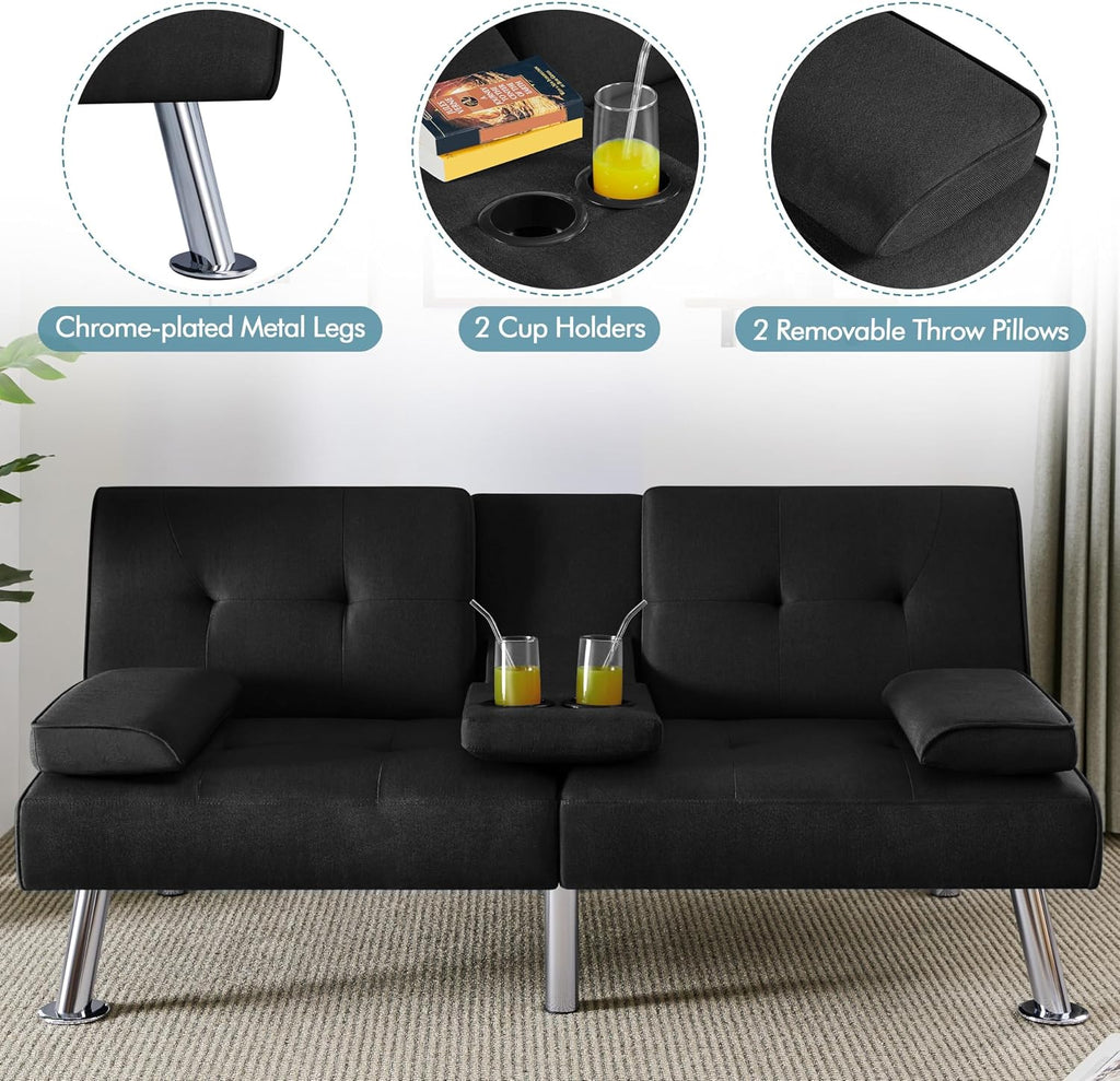 Yaheetech Convertible Sofa Bed Adjustable Fabric Couch Sleeper Modern Recliner Reversible Loveseat Folding Daybed Guest Bed, Removable Armrests, Cup Holders, 3 Angles, 772lb Capacity, Black