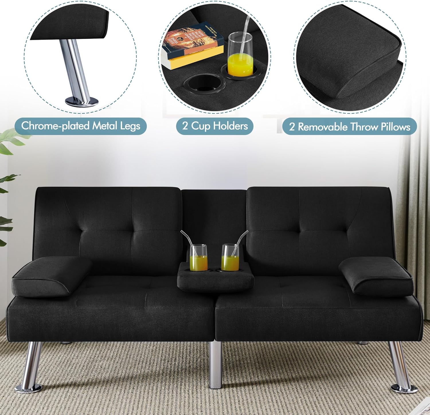Yaheetech Convertible Sofa Bed Adjustable Fabric Couch Sleeper Modern Recliner Reversible Loveseat Folding Daybed Guest Bed, Removable Armrests, Cup Holders, 3 Angles, 772lb Capacity, Black