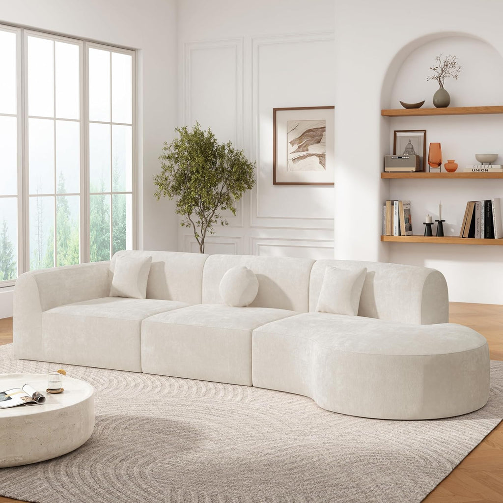 Merax 140' Curved Polyester Sectional Sofa Set, Modern Cloud Couch with Chaise Lounge & 3 Pillows, Fully Assembled for Living Room, Beige