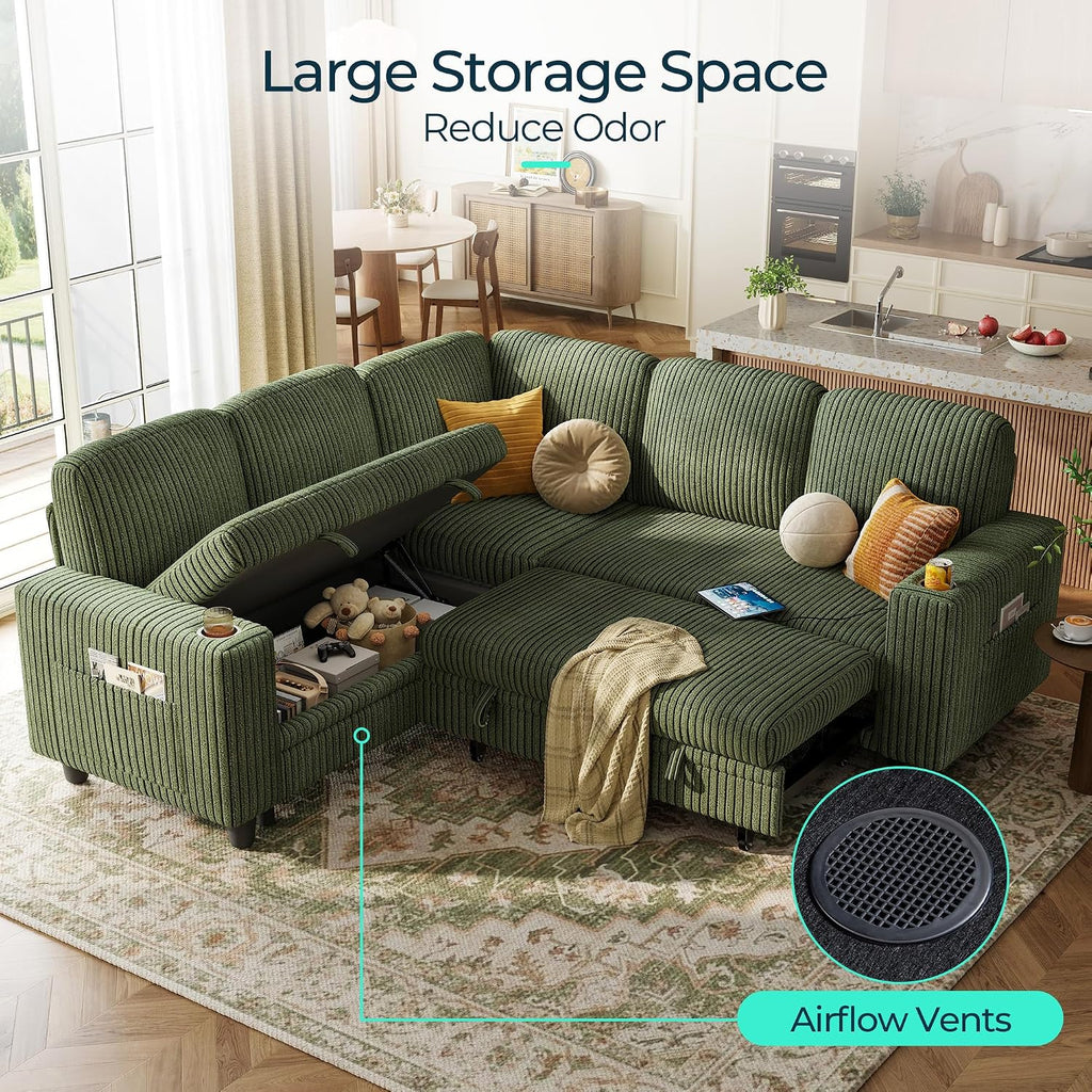 LINSY HOME Sectional Sleeper Sofa with Pull Out Couch Bed for Living Room (Green) | Plush Corduroy, Storage Ottoman, Storage Chaise, Pull Out Couch, USB Charging
