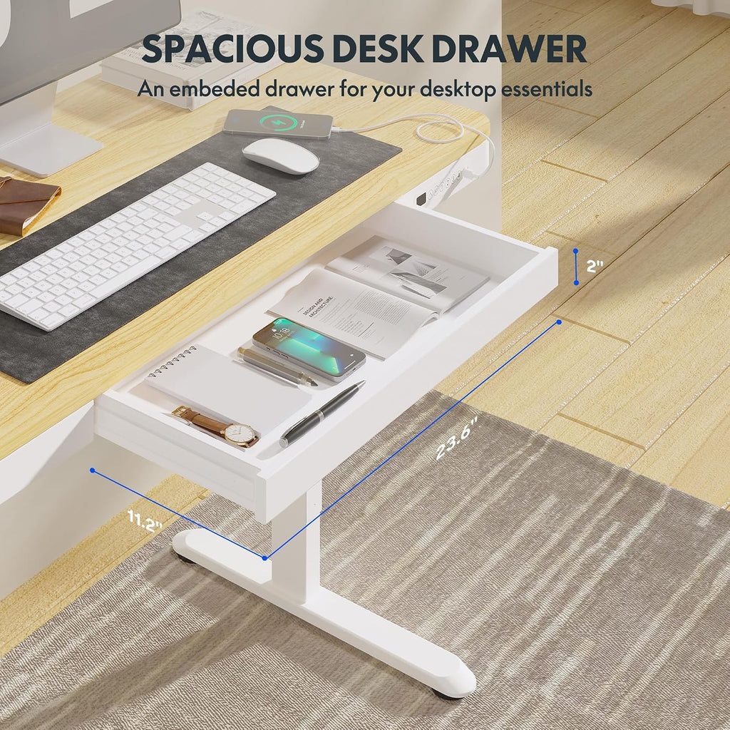 FLEXISPOT Comhar Electric Standing Desk with Drawers Charging USB Port, Height Adjustable 48' Whole-Piece Quick Install Home Office Computer Laptop Table with Storage (Maple Top + White Frame)