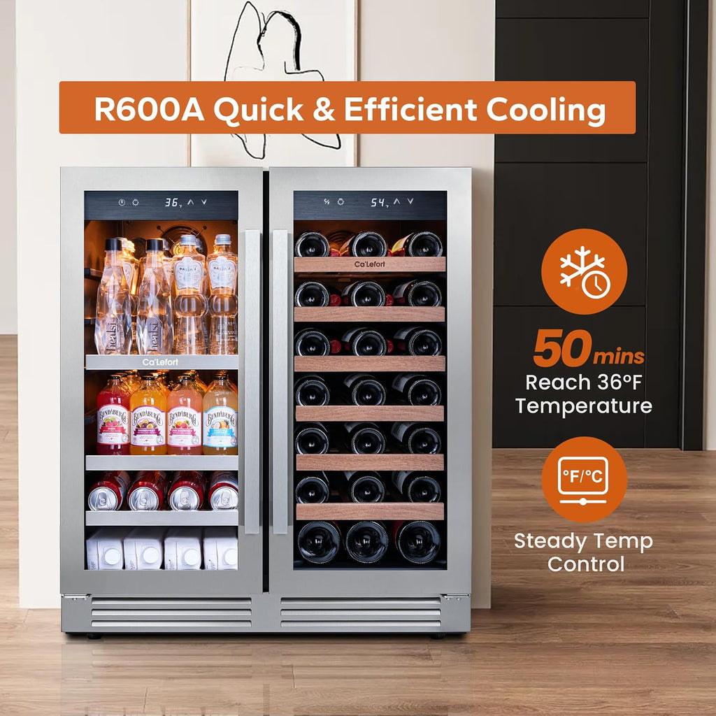 Ca'Lefort 30in Wine Fridge & Beverage Refrigerator with 3 Color LED Lights, Independent Dual Temp Zone Mini Fridge, Built-in/Freestanding Cooler for Wine/Beer Lovers, for Home, Kitchen, Office, Bar