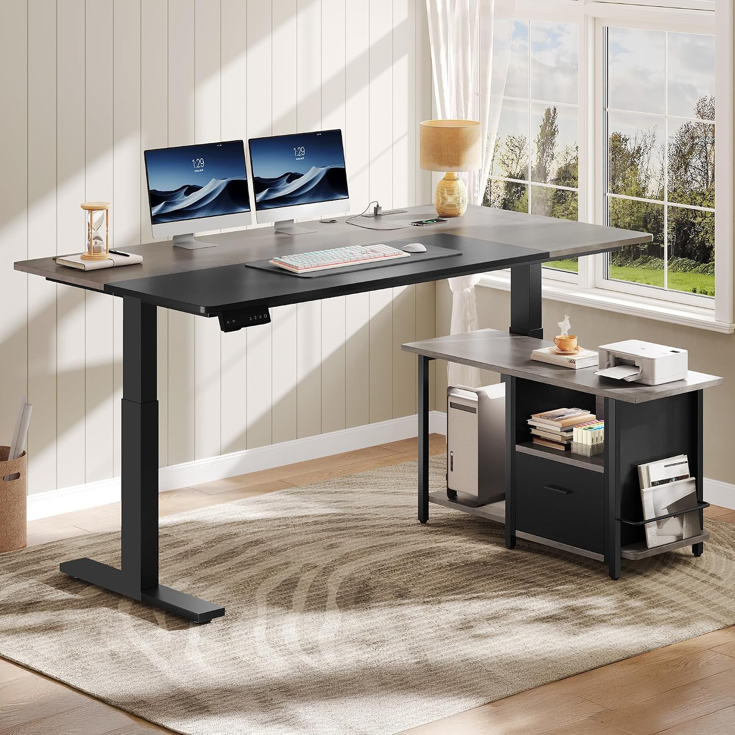 YITAHOME L Shaped Standing Desk with Power Outlets, 70.1' Electric Standing Desk Adjustable Height Sit Stand Corner Standing Desks Executive Desk with Drawers & Shelves, Grey + Black