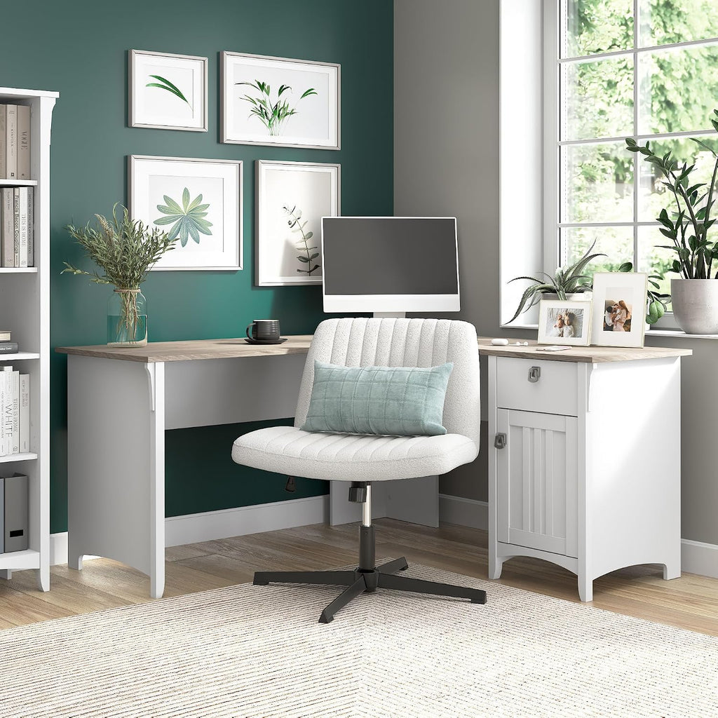 Bush Home L Shaped Desk with Storage for Home Office, Modern Farmhouse Corner Table with Drawers and Cabinets, Salinas Collection, Pure White and Shiplap Gray
