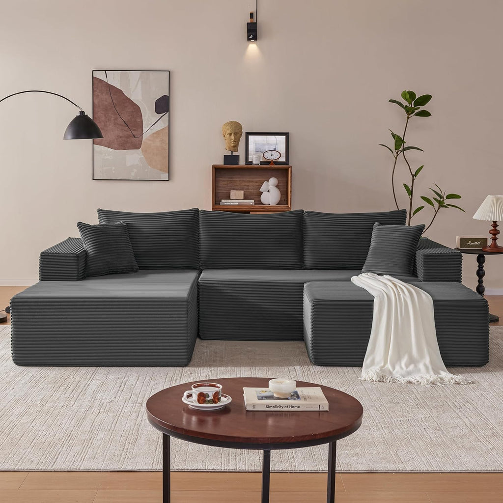 Mangodan 110' Cloud Sectional Couch, Modular Sectional Sofa with Deep Seat, Boneless Sofa for Living Room, Fluffy Comfy U-Shaped Couch with Left Facing Chaise, No Assembly Required, Grey