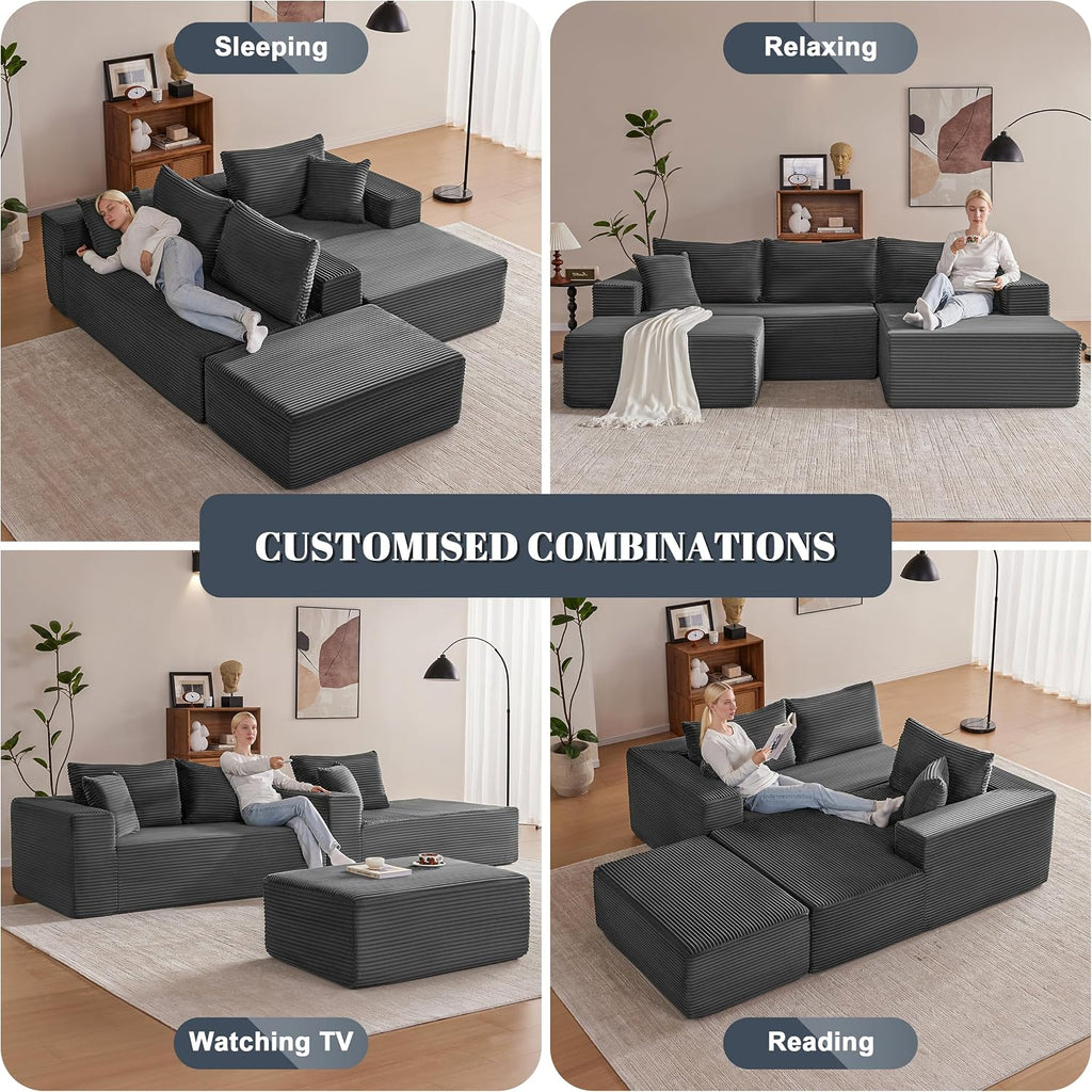 Mangodan 110' Cloud Sectional Couch, Boneless Sofa for Living Room, Modular Sectional Sofa with Deep Seat, Comfy Fluffy U-Shaped Couch with Right-Facing Chaise, No Assembly Required, Grey