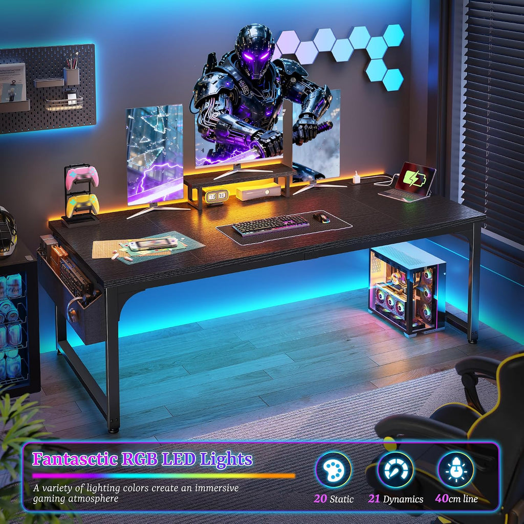 DurayLoly Gaming Desk with Power Outlets & LED Light, Computer Desk with Monitor Stand & 0.95inch Thicker Desktop & Storage Bag, Writing Desk for Home Office, Study, Bedroom, Black