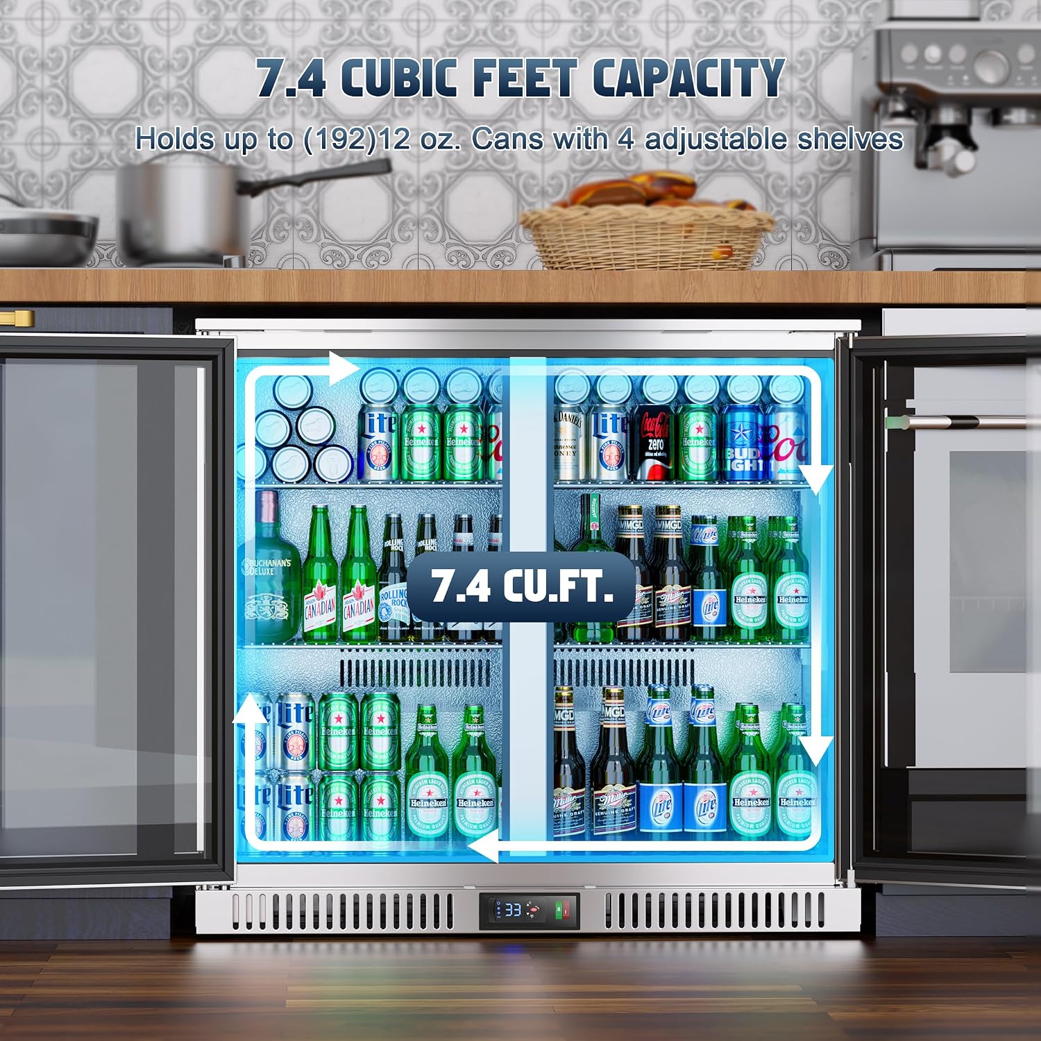 Coolski 36 Inch Back Bar Cooler, Under Counter Beverage Refrigerator with Glass Doors, Commercial Counter Height Display Fridge for Beer Soda, 7.4 Cu.Ft. Capacity/LED Lighting/ETL NSF Approved