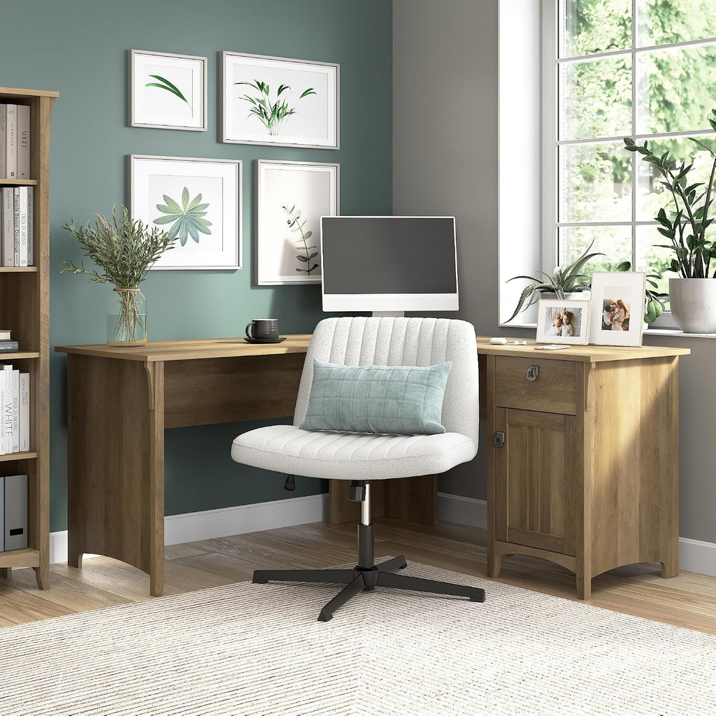 Bush Home L Shaped Desk with Storage for Home Office, Modern Farmhouse Corner Table with Drawers and Cabinets, Salinas Collection, Reclaimed Pine