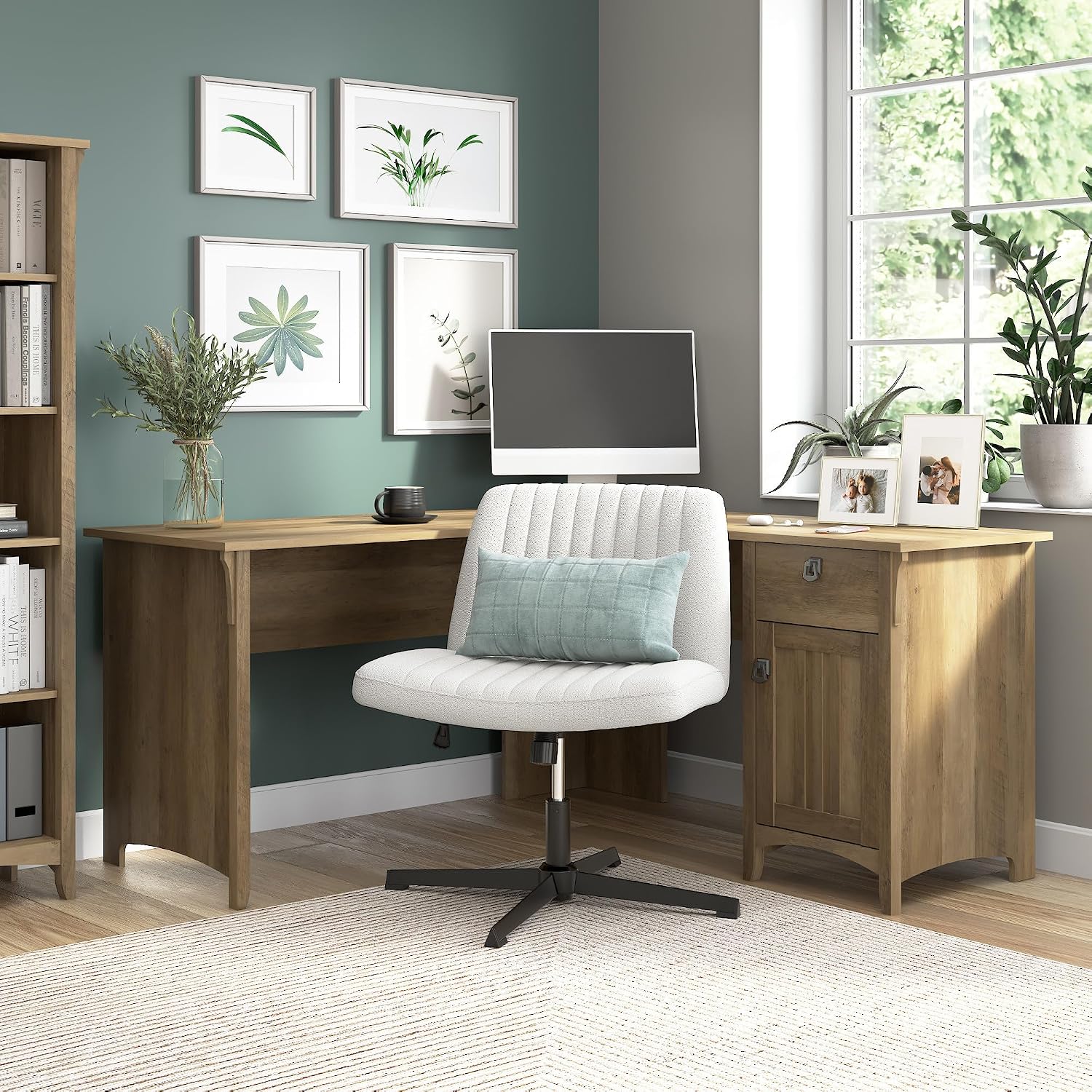 Bush Home L Shaped Desk with Storage for Home Office, Modern Farmhouse Corner Table with Drawers and Cabinets, Salinas Collection, Reclaimed Pine