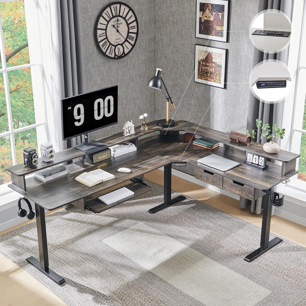 RedLemon 75X60 Inches L Shaped Electric Standing Desk,Height Adjustable Corner Gaming Desk with Drawers, Keyboard Tray, Power Outlets & LED Lights, Computer Desk with Monitor Shelf, Dark Rustic Oak
