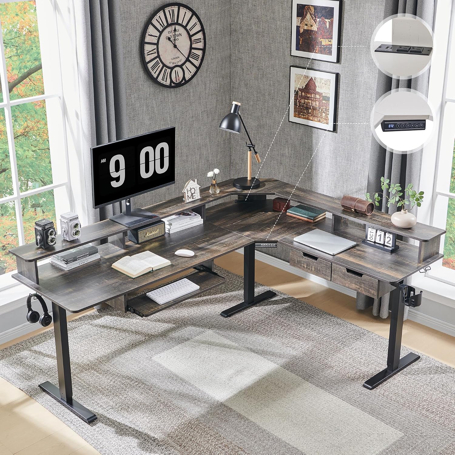 RedLemon 75X60 Inches L Shaped Electric Standing Desk,Height Adjustable Corner Gaming Desk with Drawers, Keyboard Tray, Power Outlets & LED Lights, Computer Desk with Monitor Shelf, Dark Rustic Oak