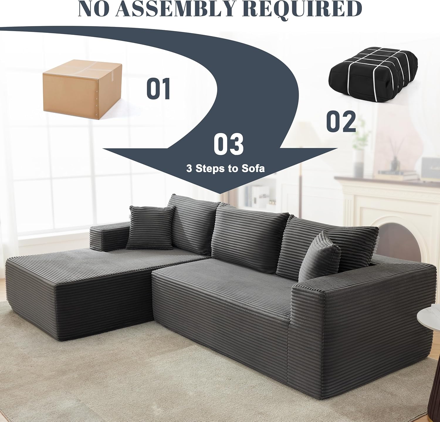 MANGODAN 110' Cloud Sectional Couch, Boneless Sofa for Living Room, Modular Sectional Sofa with Deep Seat, Comfy Fluffy Couch with L-Shaped Chaise, No Assembly Required (Left-Facing Chaise, Dark Grey)