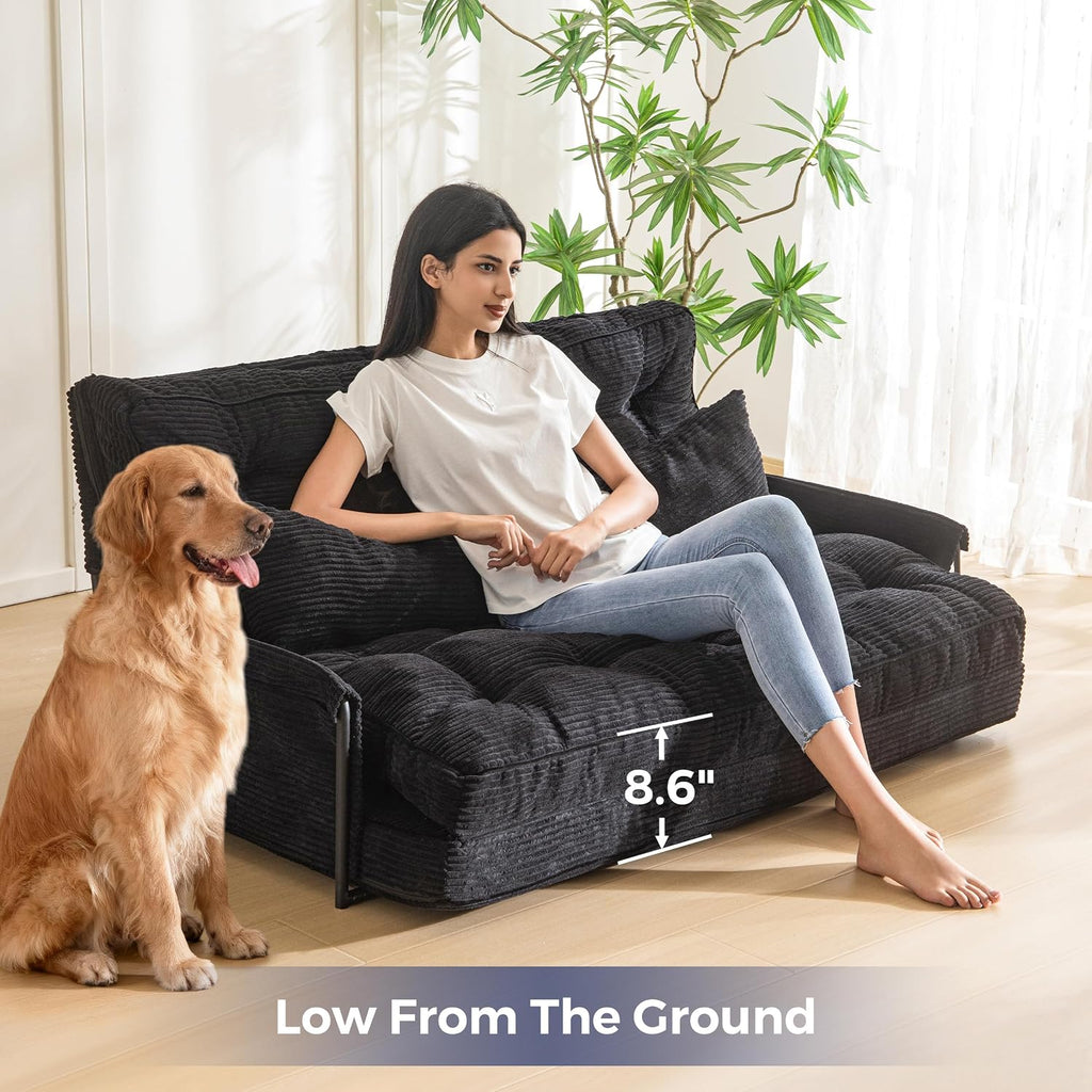 MAXYOYO Adjustable Floor Sofa Couch with 2 Pillows, Multi-Functional Bean Bag Bed, 5-Position Foldable Lazy Sofa Sleeper Bed with Armrest, Versatile Floor Seating for Reading, Black, Double