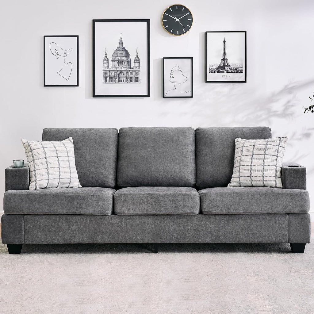 GarveeHome Modern 89 in 3-Seater Sofa for Living Room, Comfy Couches with Deep Seat, Chenille Couch with Cup Holders and Side Storage Pockets for Apartment Lounge, Grey