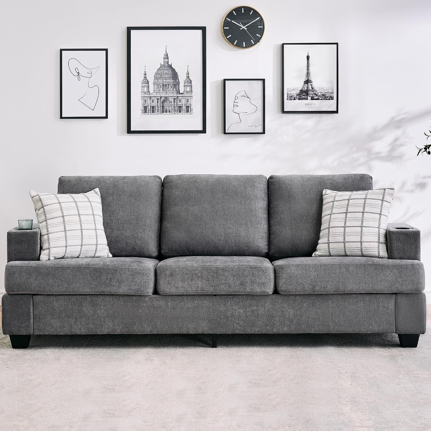 GarveeHome Modern 89 in 3-Seater Sofa for Living Room, Comfy Couches with Deep Seat, Chenille Couch with Cup Holders and Side Storage Pockets for Apartment Lounge, Grey