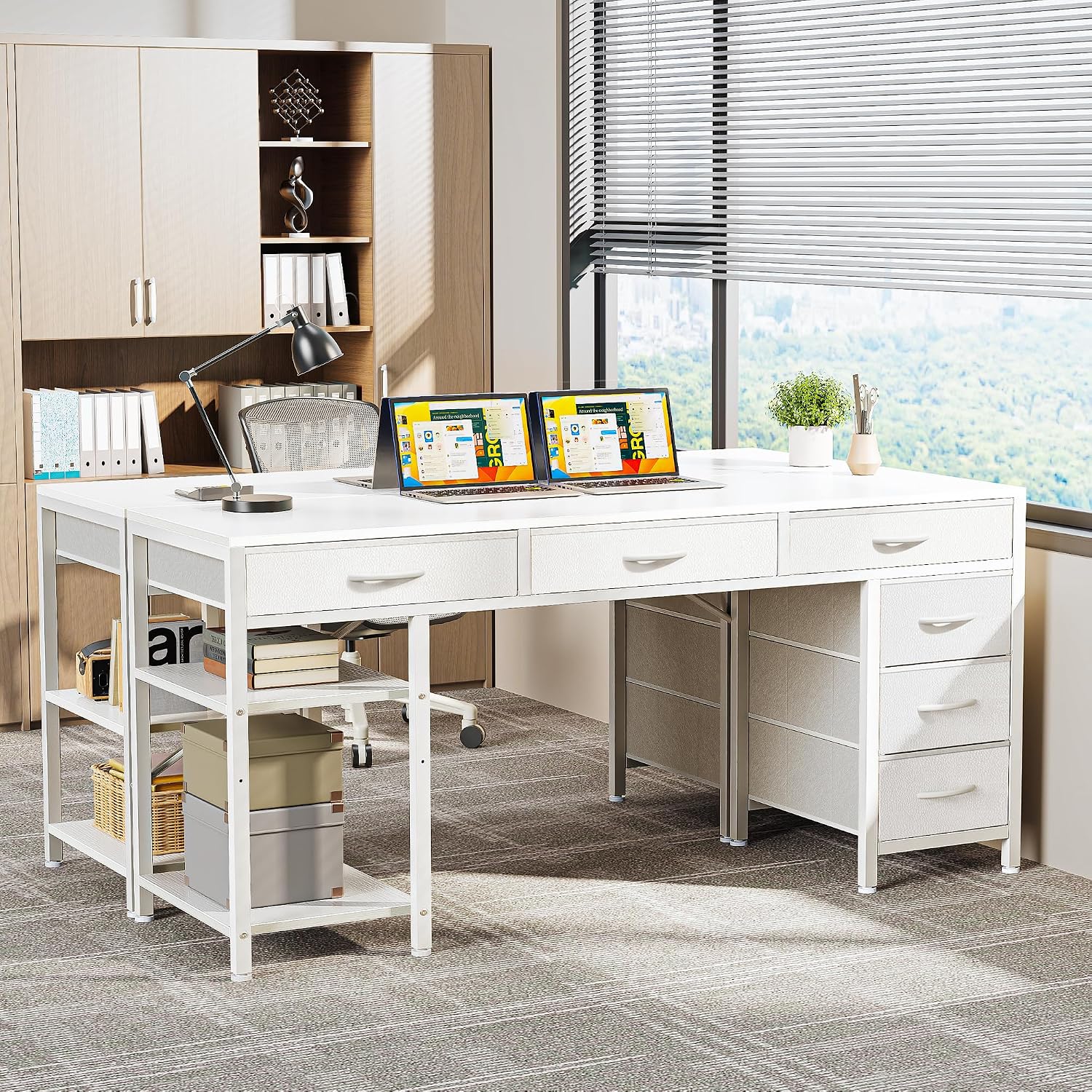 Huuger Computer Desk with 6 Drawers, Office Desk with Shelves, Reversible Gaming Desk, Corner Desk with Storage, Work for Home Office, Study, Living Room, 54inch, White