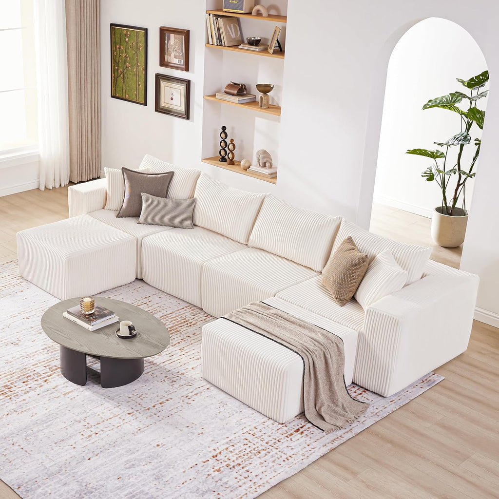 Weture 135.4' Cloud Couch Sectional, Modular Sectional Sofa with Deep Seat, Plush Corduroy U Shaped Boneless Couch, Convertible Sectional Couches for Living Room, 6Seat, Beige