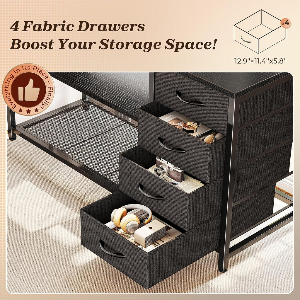 PRAISUN 61' L Shaped Desk with Power Outlets and USB-C Port, Reversible Computer Corner Office Desk with 4 Fabric Drawers and 2 Height-Adjustable Shelves, Large for Gaming Writing Work Study, Black