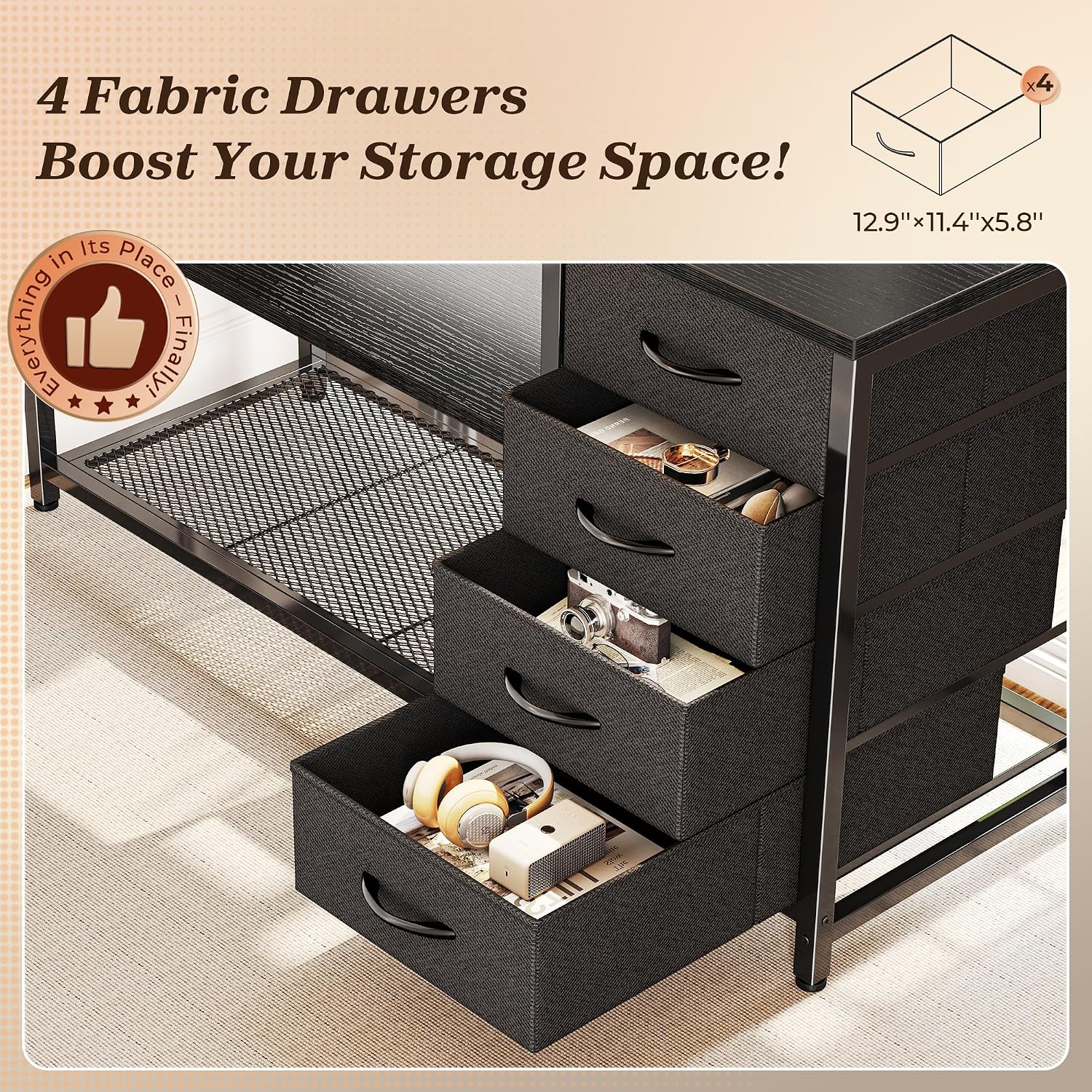 PRAISUN 61' L Shaped Desk with Power Outlets and USB-C Port, Reversible Computer Corner Office Desk with 4 Fabric Drawers and 2 Height-Adjustable Shelves, Large for Gaming Writing Work Study, Black