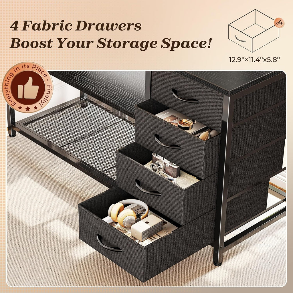 PRAISUN 53' L Shaped Desk with Power Outlets and USB-C Port, Reversible Computer Corner Office Desk with 4 Fabric Drawers and 2 Height-Adjustable Shelves, Large for Gaming Writing Work Study, Black