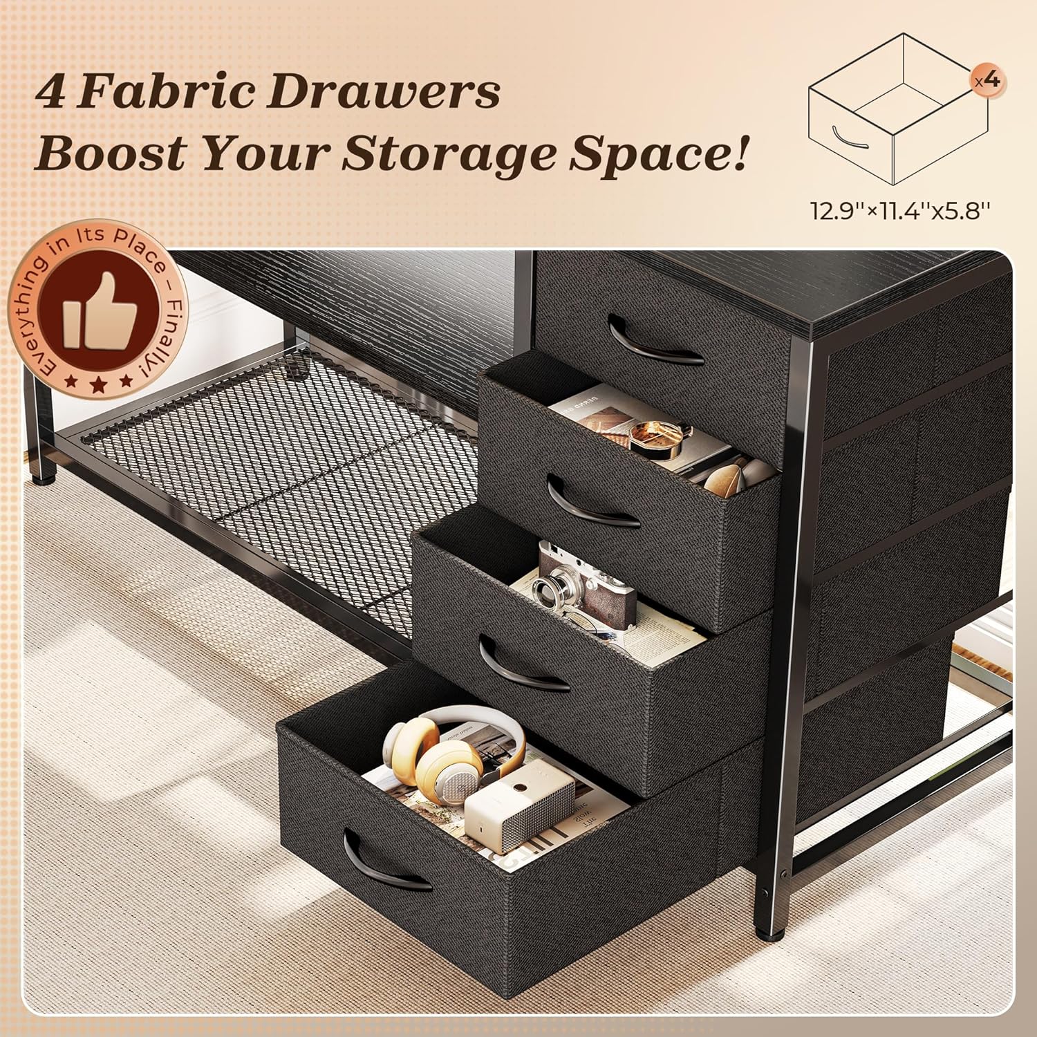 PRAISUN 53' L Shaped Desk with Power Outlets and USB-C Port, Reversible Computer Corner Office Desk with 4 Fabric Drawers and 2 Height-Adjustable Shelves, Large for Gaming Writing Work Study, Black