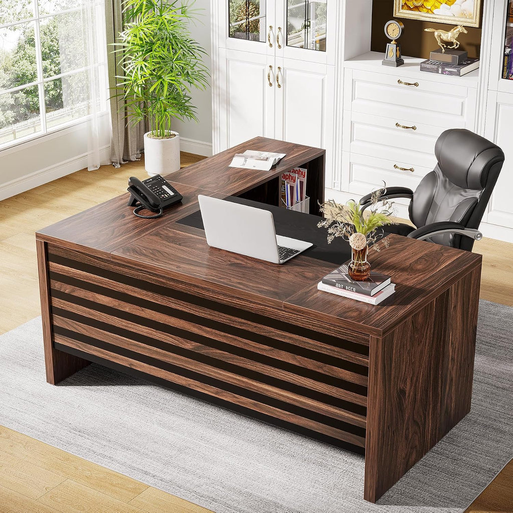 Tribesigns 62.2' Executive Desk with Mobile File Cabinet, L-Shaped Office Desk with Storage Shelves, Large Computer Table Business Workstation Set for Home Office, Dark Brown