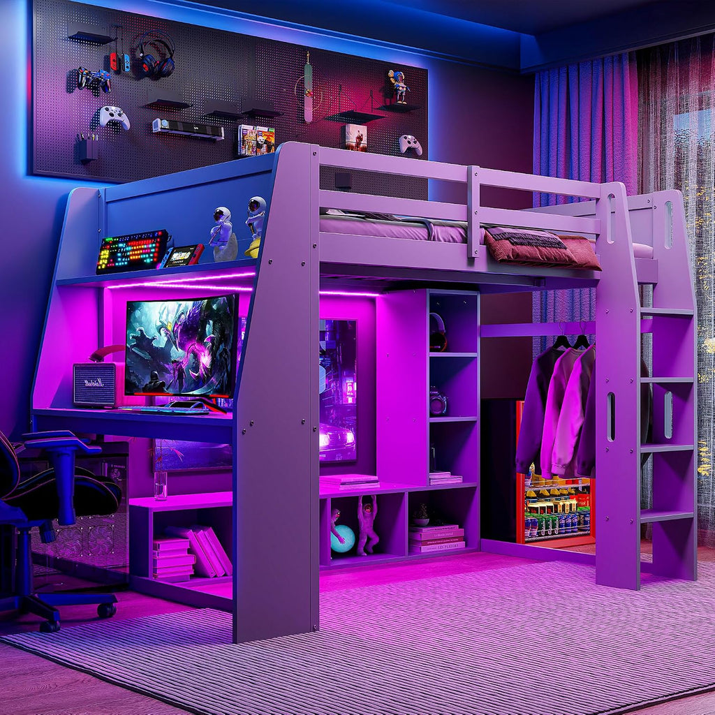 Solid Wood Gaming Loft Bed Full Size with Desk & Shelves & Hanging Rack & LED,Esports Design for PC & Console Gamers,Space Saving Loft Bed Frame with Guardrails & Ladder,No Box Spring Needed,Gray