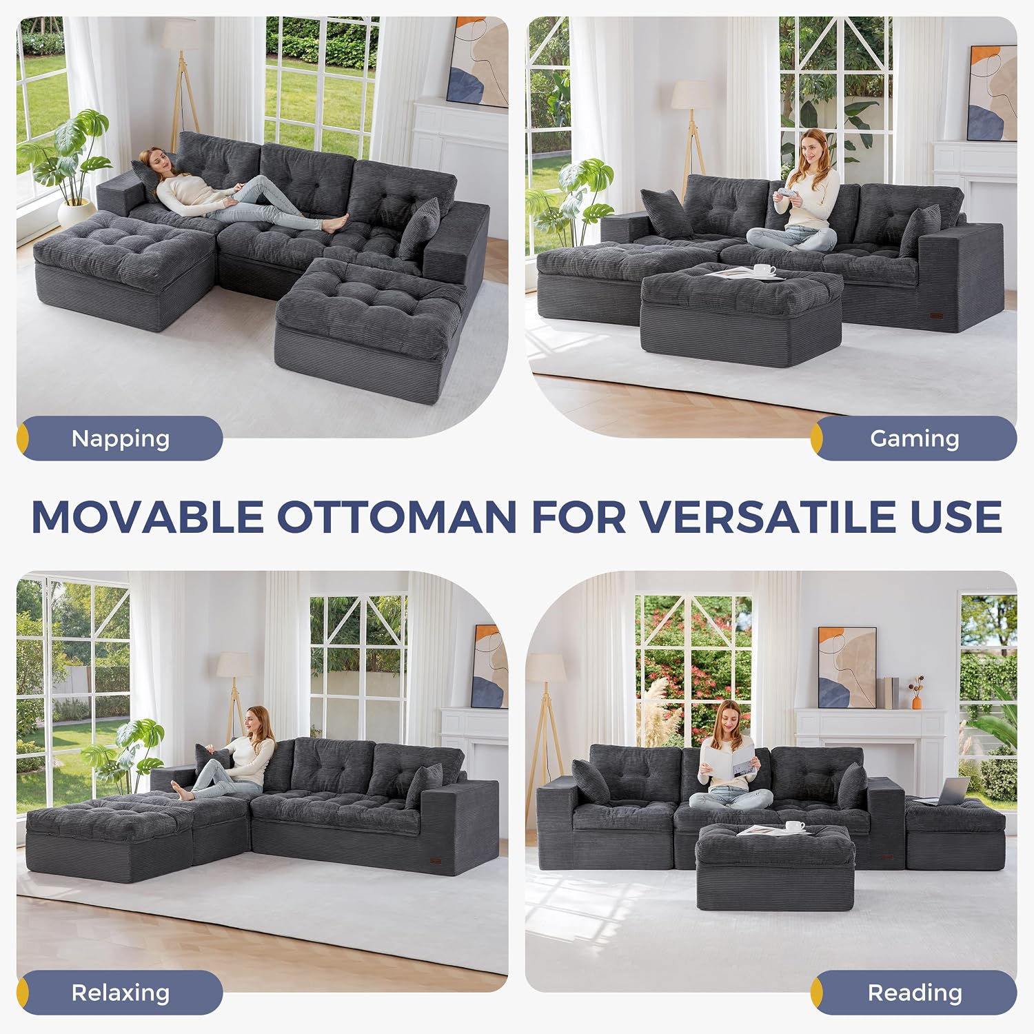 MAXYOYO 104' U Shaped Modular Sectional Sofa with 2 Ottomans, Cloud Boneless Couch with Layered Cushion, Flexible Module Combination Sofa for Living Room, No Assembly Required, Dark Grey