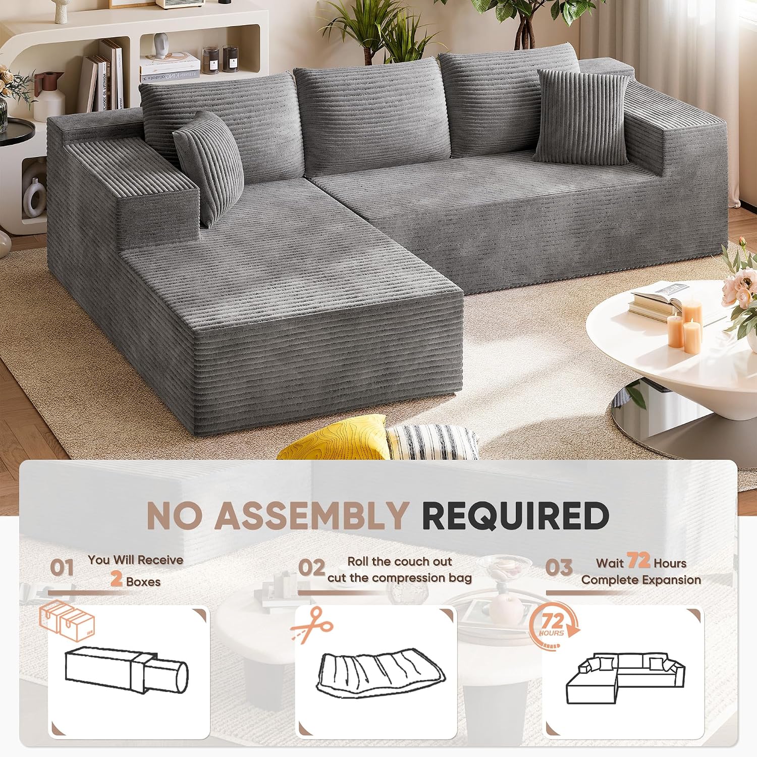 Homall 108' Modular Sectional Sofa, Boneless Couch with L-Shape Chaise, Cloud Couch with Deep Seat Upholstered, No Assembly Required for Living Room, Bedroom (Corduroy, Grey)