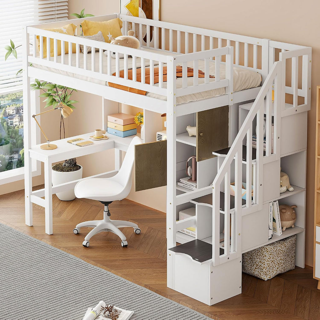MERITLINE Twin Loft Bed with L-Shaped Desk and Storage Stairs &LED Lights, Solid Wood High Loft Bed with Stairs and Storage Shelves &Cabinets for Teens Adults,Bedroom, Dormitory (White)