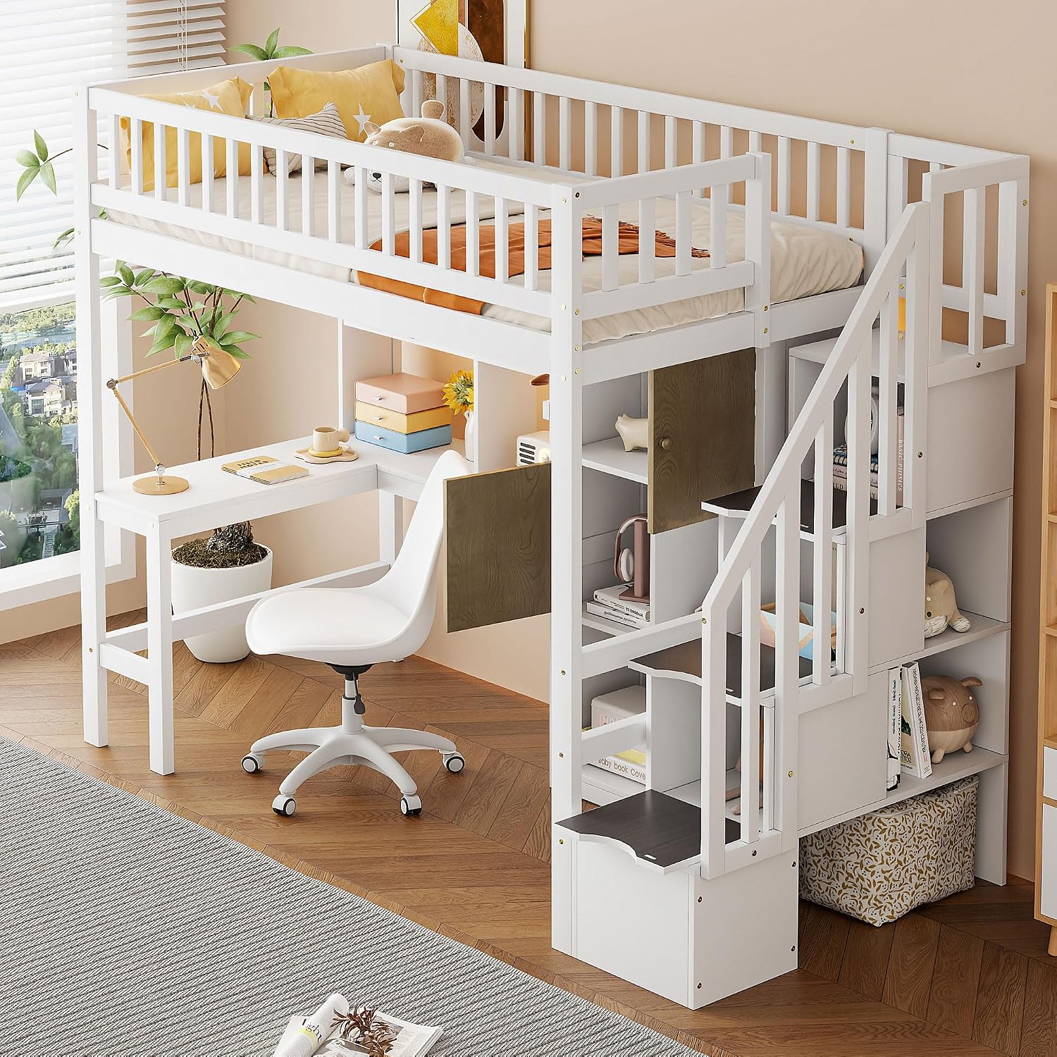 MERITLINE Twin Loft Bed with L-Shaped Desk and Storage Stairs &LED Lights, Solid Wood High Loft Bed with Stairs and Storage Shelves &Cabinets for Teens Adults,Bedroom, Dormitory (White)