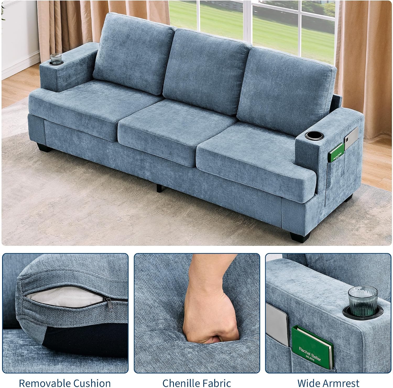 GarveeHome Modern 89 in 3-Seater Sofa for Living Room, Comfy Couches with Deep Seat, Chenille Couch with Cup Holders and Side Storage Pockets for Apartment Lounge, Blue