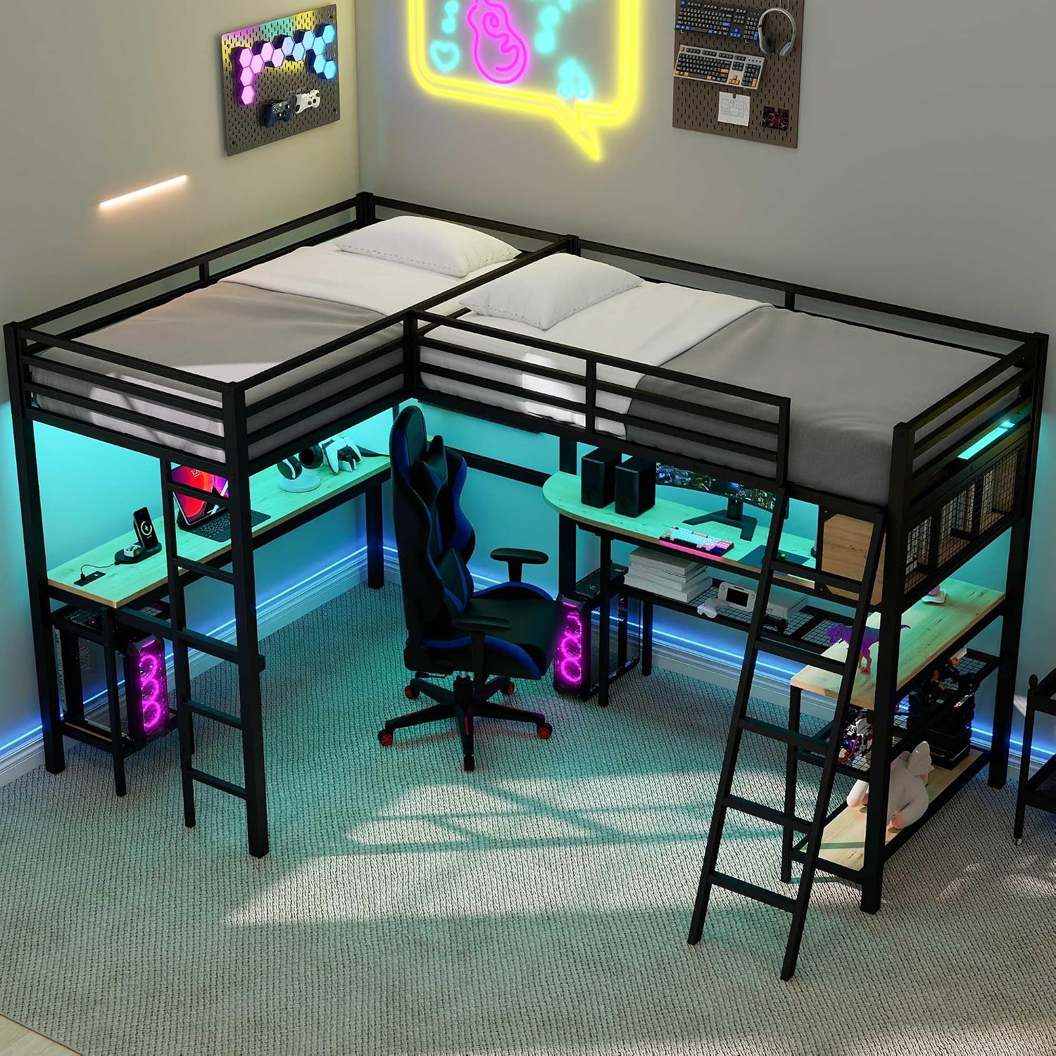L-Shaped Loft Bed Twin Size with 2 Built-in Desks and Storage Shelves, Metal Gaming Loft Bed with LED and Charging Station for 2 Kids Teens Boys Girls