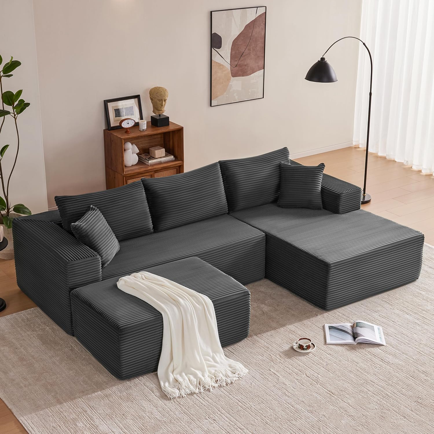 Mangodan 110' Cloud Sectional Couch, Boneless Sofa for Living Room, Modular Sectional Sofa with Deep Seat, Comfy Fluffy U-Shaped Couch with Right-Facing Chaise, No Assembly Required, Grey