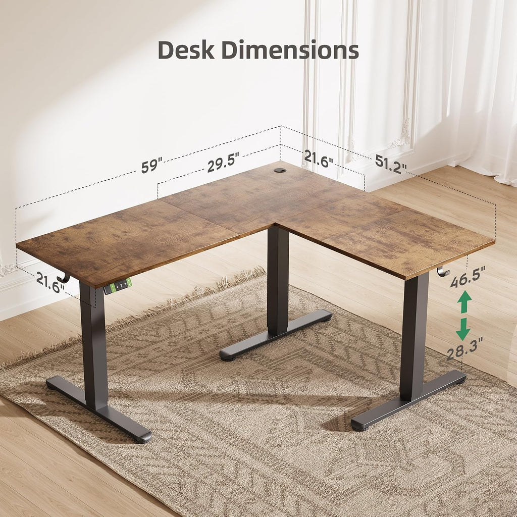 YDN L Shaped Standing Desk, Electric Standing Desks L Shape Adjustable Height Dual Motor, 59 Inch Corner Standing Desks with Splice Board for Home Office, Large Standing Desk, Rustic Brown