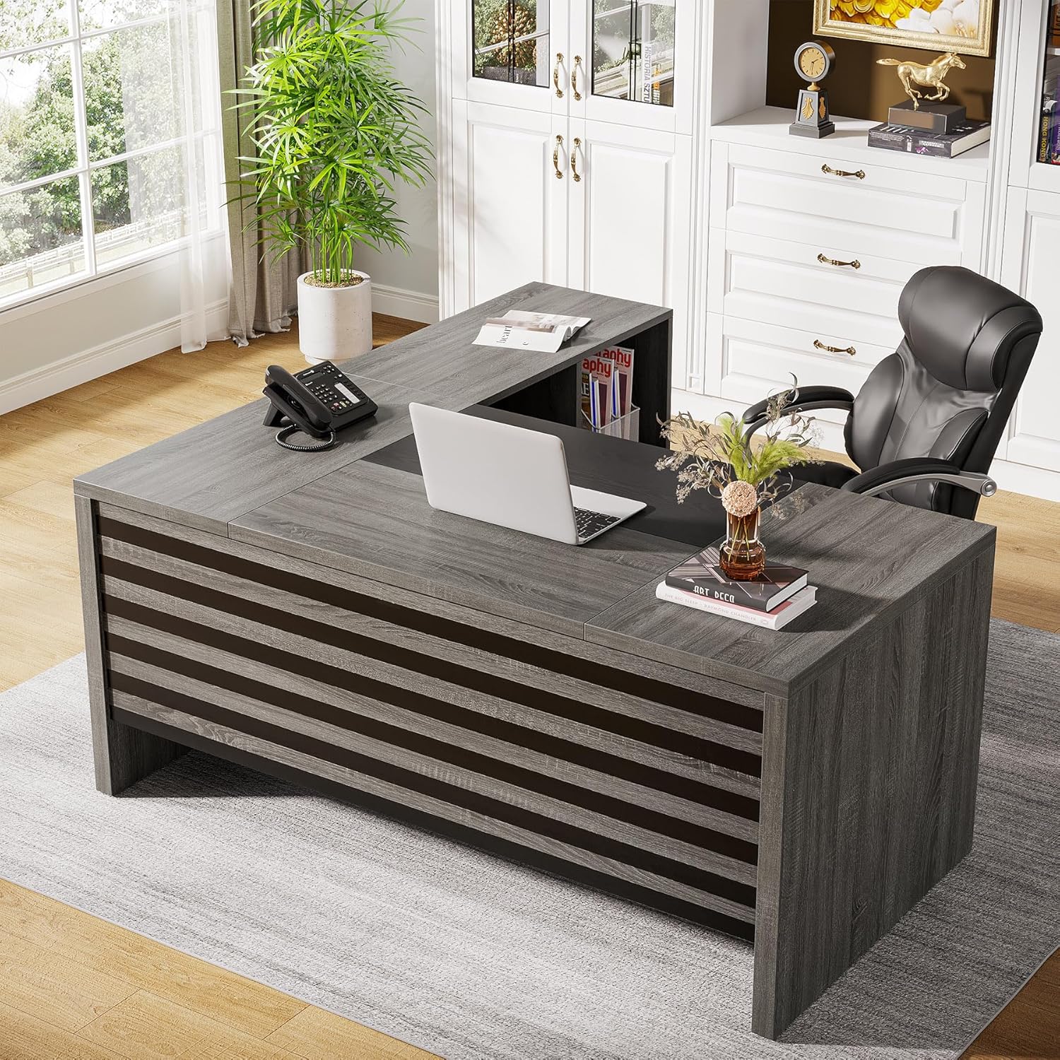 Tribesigns 62.2' Executive Desk with Mobile File Cabinet, L-Shaped Office Desk with Storage Shelves, Large Computer Table Business Workstation Set for Home Office, Grey