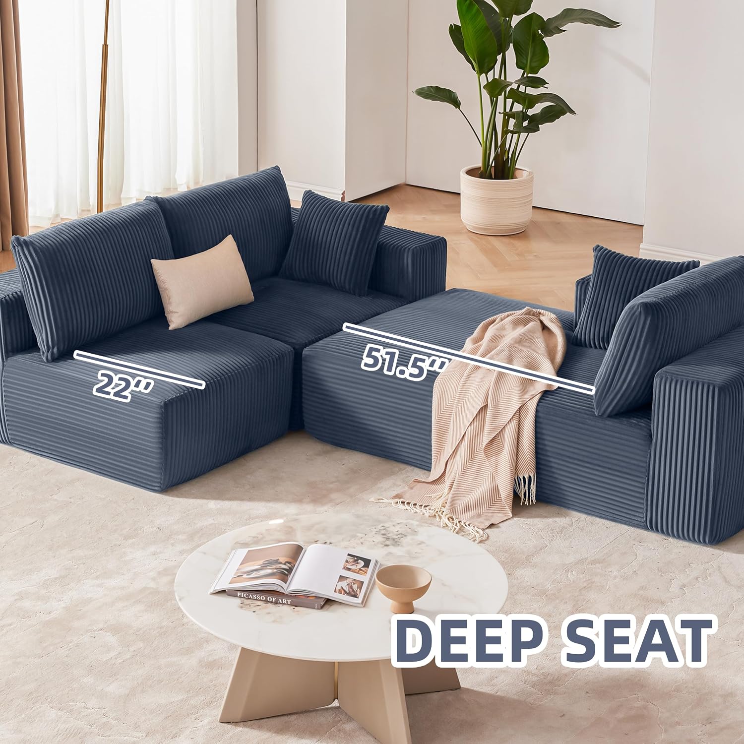 108' Modular Sectional Sofa, Cloud Sectional Couch with Deep Seat, Boneless Couches for Living Room Bedroom, Modern Modular L-Shape Sofa Couch with Chaise (Blue, Left Facing Chaise)
