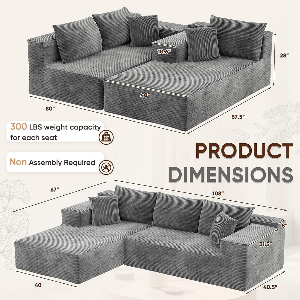 VICTONE 108' Cloud Sectional Couches, Boneless Couch Modular L-Shaped Sofa with Deep Seat, Modern Comfort Upholstered Sofas for Living Room, No Assembly Required (Corduroy, Grey)